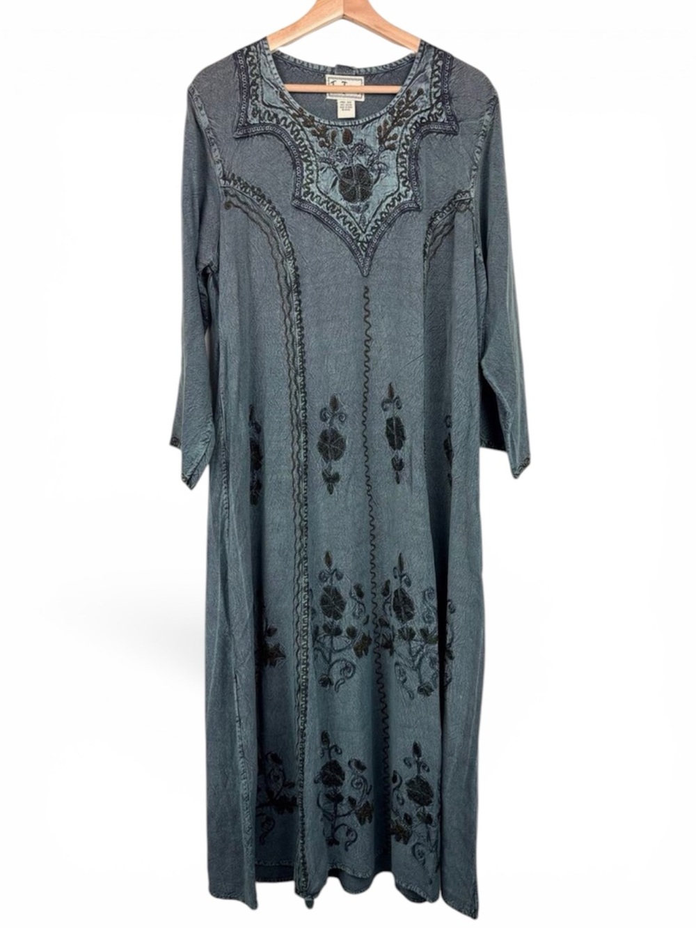 🌿 Tan Trums Embroidered Maxi Dress | Free Size | Greenish Gray | Boho Festival